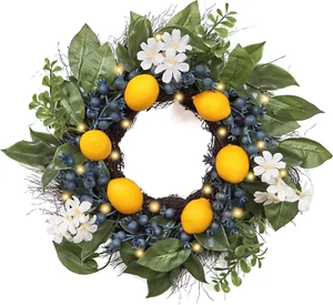 Spring Artificial Lemon Wreaths for Front Door with Lights, Floral Daisy Farmhou - Picture 1 of 12