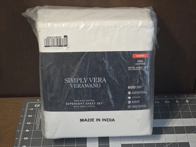 Juego de sábanas de hotel Simply Vera Wang 4 piezas algodón Pima blanco Queen supersuave - 600 TC Foto 1 de 4