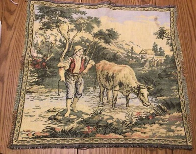 VTG Spanish Made Tapestry ,Pastoral Countryside Scene, 19” X 19”, Wall Hanging - Image 1 of 4