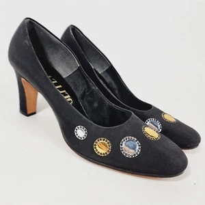 Scarpe Vintage Geppetto Nero Oro Argento Cerchio Accento Blocco Tacchi Taglia 10 - Foto 1 di 7