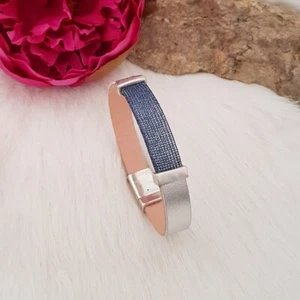 Leder Armband Viskose Einsatz Magnetverschluss - silber blau - Größe M - 19 cm - Bild 1 von 3