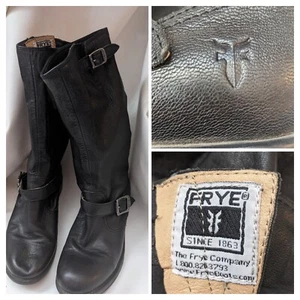Frye Biker Boots Boys 3.5 Veronica Slouch Buckle Pull On Black Leather - Picture 1 of 12