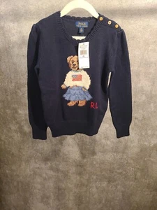 Polo Ralph Lauren Cotton Navy Blue Sweater Little Girls Bear Intarsia Knit RL 6X - Picture 1 of 7