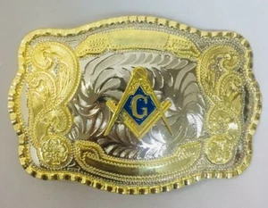 MASONIC MASON BELT BUCKLE RULE COMPASS HUGE RODEO BIG COWBOY WESTERN SHINE USA - Picture 1 of 2