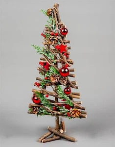 Prelit Christmas Tree 50cm LED Wooden Twig Tabletop Red Baubles Stars Xmas Decor - Picture 1 of 3