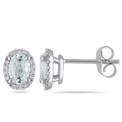 Amour 10k White Gold Aquamarine and 1/10CT TDW Diamond Oval Earrings - Image 1 of 4
