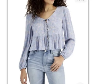 Self Esteem Juniors Women's Floral-Print Woven Peplum Top Blue S - Picture 1 of 4