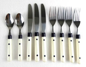 Stainless Flatware White and Navy Blue Plastic Handles 2 Rivets Taiwan 9 pieces - Picture 1 of 9