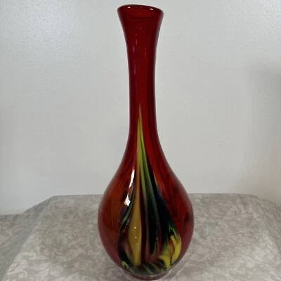 "Jarrón retro Pier 1 rojo de vidrio soplado con remolinos amarillos verdes y negros con etiqueta 14,5""" Foto 1 de 4