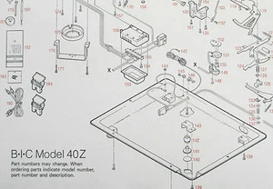 BIC TURNTABLE PART--N/O/S BLOW UP DIAGRAM & PARTS LIST FOR THE BIC MODEL 40Z - Picture 1 of 2