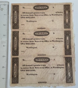 1819 2 $ Ohio Worthington 3 Teller Griswold roter Faden mit einzigartigem Wasserzeichen - Bild 1 von 4