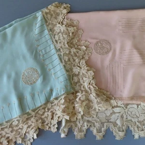 2 Antique SILK Pillow Shams PINK/GREEN Hand Embroidered Monograms Wide LACE Trim - Picture 1 of 15