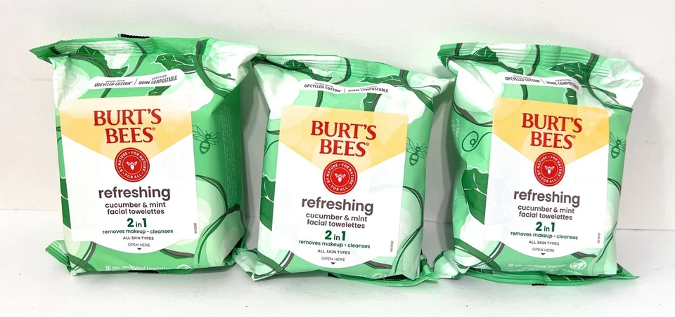 3 X Toalhas de Limpeza Facial Burt's Bees Pepino e Perfeito 30 Toalhas Ea. - Imagem 1 de 1