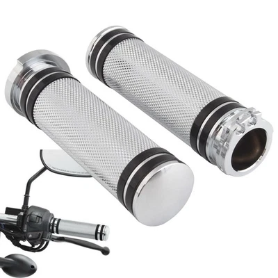 1"Silver CNC Hand Grips Handlebar Bars Grip For Harley Touring Softail Kawasaki - Image 1 of 4