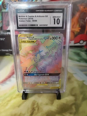 CGC 10 2019 Pokemon Hidden Fates Moltres Zapdos Articuno GX 69/68 Rainbow PSA - Image 1 of 2