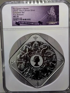 BUNDLE-2025 UK Queen's Beasts Completer Bars-1 OZ + 10 OZ Silver Bars NGC MS70 - Picture 1 of 7