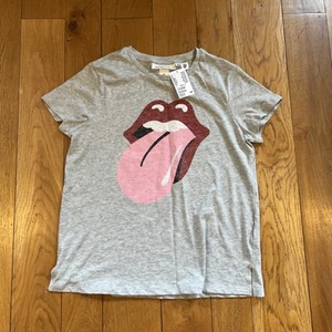 H&M ROLLING STONES Ladies grey lips Logo T Shirt Top small med relaxed fit NEW - Picture 1 of 5