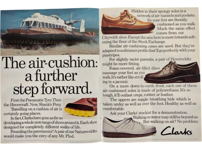 Clarks 1984 Zapatos con amortiguación de aire Aerodeslizador Punch Magazine Anuncio 17x11" Foto 1 de 3