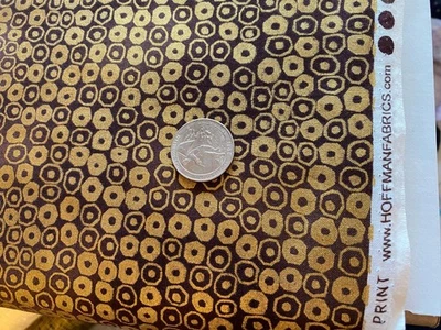 Hoffman Intl cotton fabric Gold Metallic circles on brown by the yard 44"w - Image 1 of 3