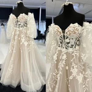 Boho Wedding Dresses Champagne Puff Sleeves Sweetheart A Line Beach Bridal Gowns - Picture 1 of 11