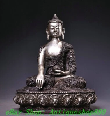 9'' Old Tibet Tibetan Bronze Silver Shakyamuni Sakyamuni Amitabha Buddha Statue - Image 1 of 4