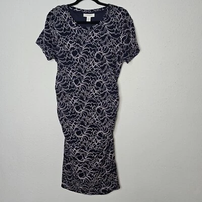 Motherhood Maternity Navy Blue Midi Bodycon Fitted Dress Ruched Size L Large - Image 1 of 4