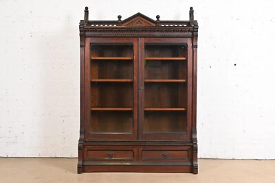 Herter Brothers Style Antique Eastlake Victorian Carved Walnut Bookcase - Image 1 of 4