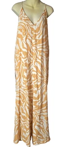 H&M Wide Leg Cami Jumpsuit Womens Mustard Yellow Animal Print V-Neck Tropical XL - Picture 1 of 10