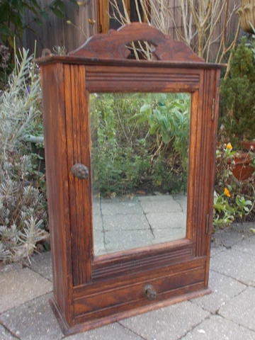 Antique Ornate Wooden Kitchen Apothecary Wall Cabinet Wood Beveled Glass Mirror Cover