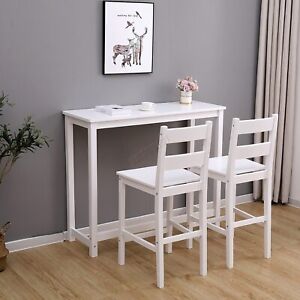 Wooden Bar Table Set 2 Stools Dining Room Breakfast Chair Metal Frame Home White