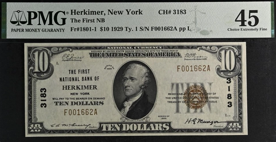 1929 $10 First National Bank Herkimer, New York CH# 3183 PMG 45 top pop finest - Image 1 of 2