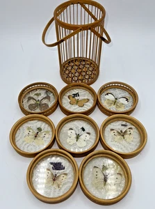 Vintage Pressed Butterfly/Flower (8) Coasters Bamboo Rattan Caddy Boho 1960’s - Picture 1 of 13