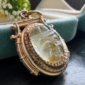 Antiguo reloj de ágata relleno de oro llavero cara tallada piedra lunar? Cuarzo cristal roca - Imagen 1 de 11