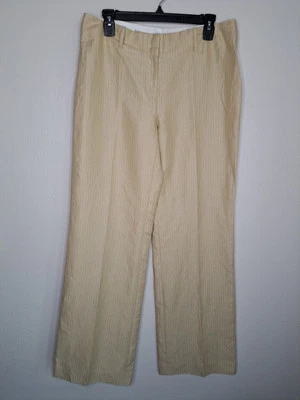 Pantalones para mujer cinta métrica beige a rayas mezcla de lino oficina carrera estilo 10 Foto 1 de 4
