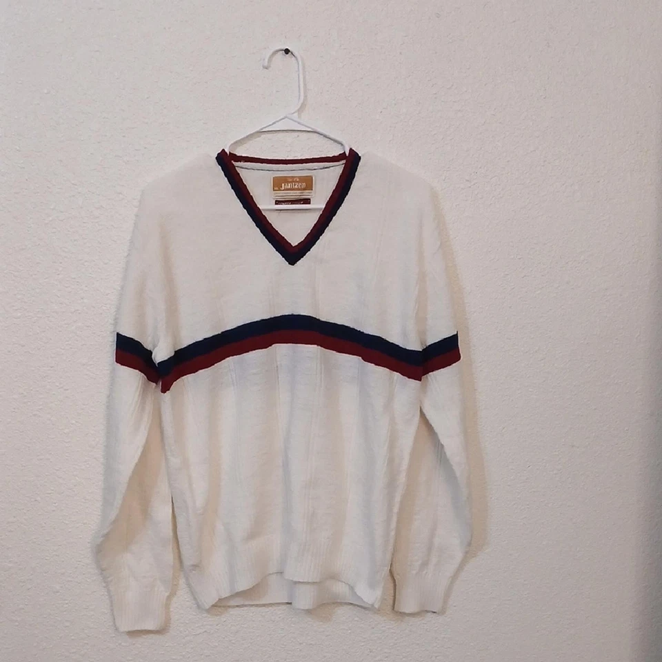 Hacer Oferta Suéter Jantzen Cuello en V Blanco y Rojo Diseño Clásico Foto 1 de 4