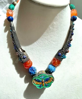 Antique Qing Chinese Fingernail Guard & Semi Precious Stone Necklace Foto 1 de 4