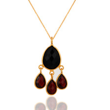 Multi Pendent Chain Necklace Gold Plated 4 Stone Pendent In Black Onyx & Garnet