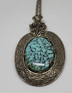 Turquoise Blue Glass Necklace with Chain Vintage Scottish thistle design signed - Picture 1 of 7