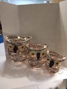 Lot Of 3 Wicker And Robe Owl Family Lights 8, 10, & 12 Inches Tall Decor - Picture 1 of 20