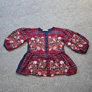 Zara Top Womens Size XS Blue Red Plaid Embroidered Peasant Boho Hippie Festival - Picture 1 of 8