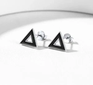 Shiny Black Enamel Triangle Shape Fantastic Stylish Men's Earrings In 935 Silver - Picture 1 of 7