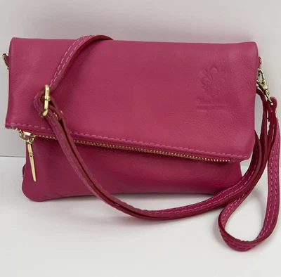 VERA PELLE Italian Leather Crossbody Handbag Small Zip Clutch Travel Purse Pink - Image 1 of 4