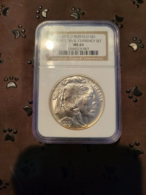 2001 D Buffalo Silver $1  - Buffalo Coin & Currency Set. NGC MS 69 - Image 1 of 2
