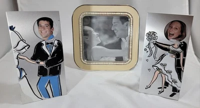 3 pieces Metal Wedding Picture Photo Frame 1 5x5 & 2 themed faces silver frames - Image 1 of 4
