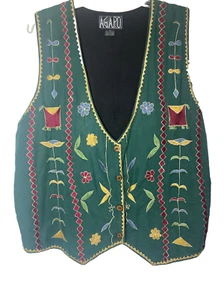 Vintage Weste Agapo 1X Boho bestickt geometrisch Blumen grün gelb blau rot Hippie - Bild 1 von 8
