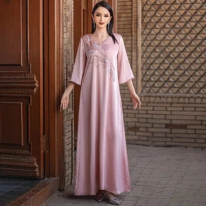 Women Muslim Formal Party Gown Prom Satin Long Dress Abaya Kaftan Maxi Robe Arab - Picture 1 of 18