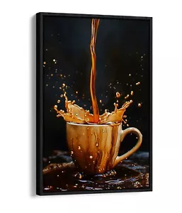 COFFEE POURING INTO A CUP SPLASHING -FLOAT EFFECT FRAMED CANVAS WALL ART PRINT - Picture 1 of 8