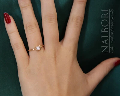 solitario argento 925 anello carre' placcato oro giallo zircone quadrato donna - Immagine 1 di 4