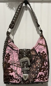 Mossy Oak Camouflage Pink Handbag DBH1006 with Rhinestone Accents & Belt 14"x9" - Picture 1 of 8