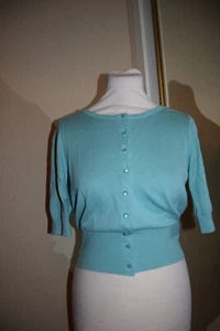 Boden Cropped Cardigan Shrug Bolero Cotton Silk Aqua Turquoise Pearl Button 8 10 - Picture 1 of 9